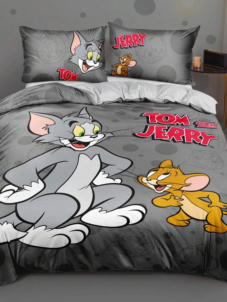 TOM & JERRY X SHEIN Bộ chăn ga gối đệm họa tiết hoạt hình 3 món, chất liệu chải, mềm mại và ấm áp, màu xám, có nhiều kích cỡ cho giường đơn/giường đôi/giường Queen/giường King dùng để trang trí phòng ngủ - Xám - Xem 1