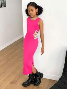 SHEIN Explorewe Tween Girl HYPEME 女童休閒腰部鏤空花朵黑色迷你洋裝，夏季亮粉色女童洋裝，日常穿搭 - 玫紅色 - 查看 4