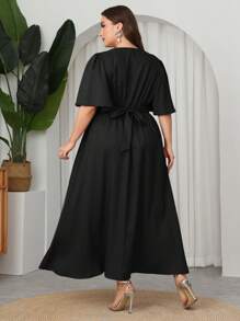 Modelyn Plus Size Maxi V-Neck Ruffled Sleeve Fitted Waist A-Line Elegant Romantic Dress, Spring/Summer - Black - View 2