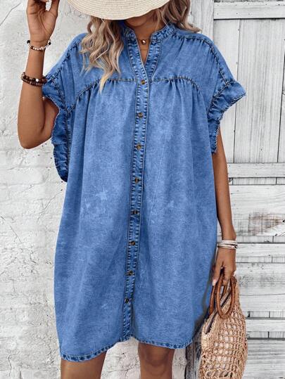 EMERY ROSE 纯色缺口领口前扣荷叶边短袖牛仔连衣裙