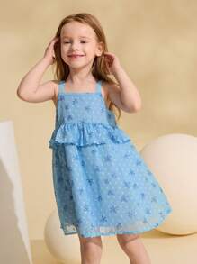 Ontre Young Girl Ditsy Floral Pattern Ruffle Hem Slip Dress - Blue - View 1