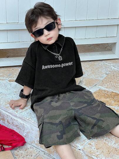 Dazy Kids 幼儿男童两件套翻领印花短袖 T 恤 + 短裤套装，秋季服装