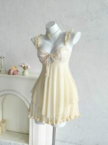 Sweetina Váy ngắn lưới mỏng viền ren màu be cho nữ, kỳ nghỉ hè thường ngày - Màu be - Xem 5