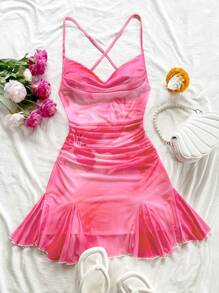 Soleia Damska sukienka mini na wakacje z kwiatowym nadrukiem i ramiączkami spaghetti, drapowany dekolt, odkryte plecy, wiązana kokarda, rybi ogon, romantyczny styl, sukienka mini, wypoczynek, zakupy, romantyczna randka, strój plażowy, siateczka, młoda dama - Wielokolorowe - Zobacz 1