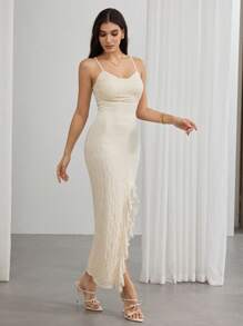 Modelyn Women Elegant Solid Color Lace Slit Camisole Dress - Apricot - View 4