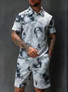 Manfinity LEGND Conjunto de camiseta polo de manga corta casual con estampado floral y pantalones cortos para hombre