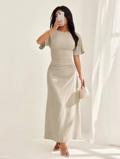 SHEIN PETITE Women's Summer Solid Color Linen Blend Casual Elegant Dress,