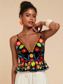 Travachic Women's Black Floral Print Ruffled Hem Camisole Top,Summer Boho Vacation Holiday Beach Clothes,Casual Festival Floral V Neck Sleeveless Tank Top - Black - View 3