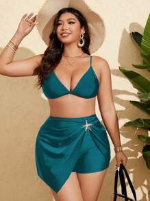SHEIN Swim Curve 大码女式黑色星星装饰抽绳腰短裤，时尚简约夏季沙滩泳装下装 - 水鴨藍 - 查看 3