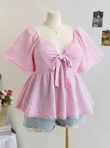 Soleia Blusa de manga corta con escote de corazón, volante en el bajo y lazo, de tela con textura y estampado floral, talla grande, para mujer, primavera - Rosa - Ver 3