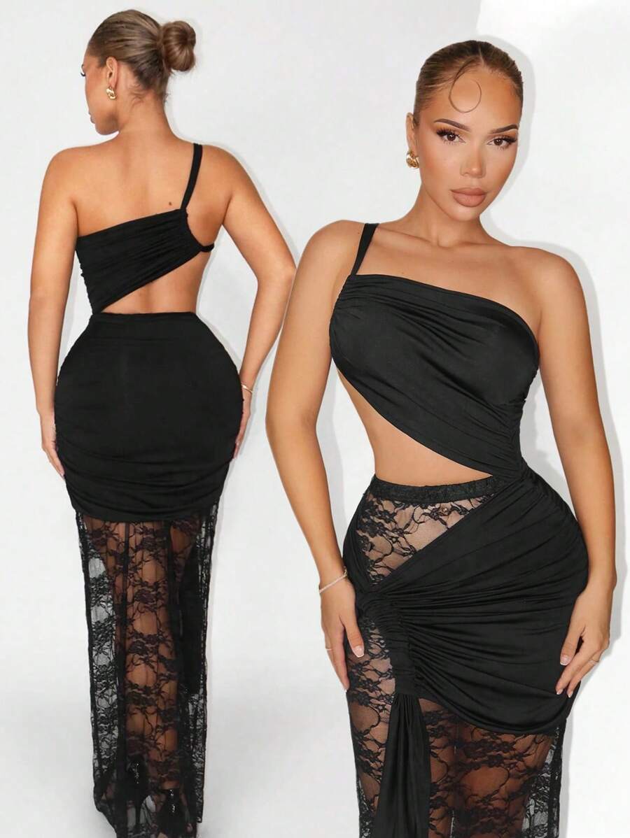 Sirith Vestido transparente de encaje de unicolor sexy para mujer - Negro - Ver 1