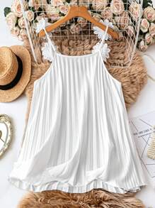 DreamSkyne 加大码女式纯白色褶饰花卉吊带背心，优雅大方，适合日常外出 - 白色 - 查看 2