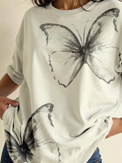 Plus Size Women's Casual Butterfly Print T-Shirt, Summer
