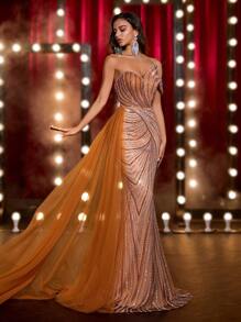 Glamrae Váy đuôi cá lưới thiết kế cổ đính ngọc trai và sequin sang trọng thanh lịch với bèo nhún xếp tầng bên hông, thích hợp cho tiệc cưới, tiệc tùng, vũ hội, tiệc trang trọng (kiểu dáng nặng nề) - trái cam - Xem 6