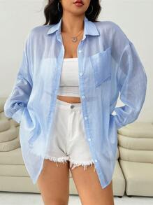 SHEIN EZwear 大码女式条纹落肩长袖单排扣口袋休闲衬衫，适合夏秋季 - 藍色 - 查看 4
