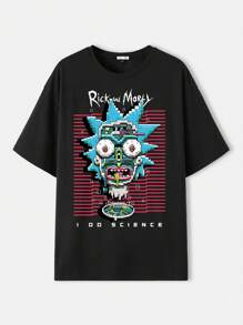 Rick and Morty X SHEIN Men's Letter & Cartoon Pattern Round Neck Short Sleeve T-Shirt, Summer