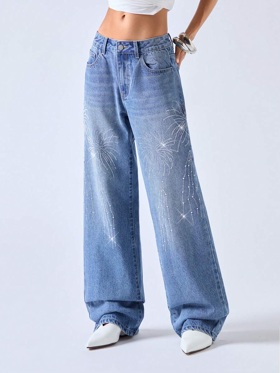 LYSMO Women's Casual Fashion Jeans With Rhinestone Decor Pockets - Blue - View 1