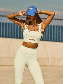 Aralina Áo ba lỗ thể thao cổ vuông không tay trang trí nơ rỗng - Màu be - Xem 3