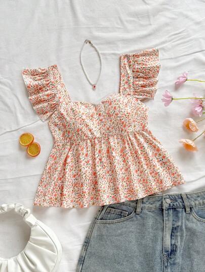 Soleia WYWH 女式度假宽松方领盖袖衬衫，白色底色，小粉色碎花方领娃娃袖休闲上衣