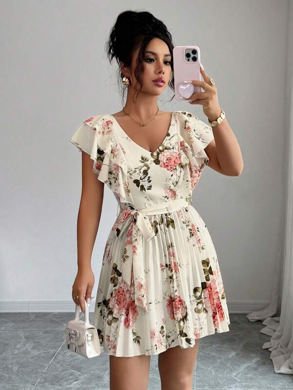 Elenzga Rochie de damă elegantă și romantică, cu mâneci volane, decolteu în V, imprimeu floral, talie strânsă, plisată, linie A, imprimeu de vacanță