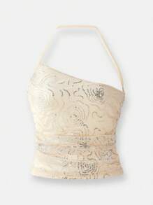 Maija 2025 Summer New Cream Yellow Women Top,70s Style Asymmetrical Cutout Shoulder Ruched Halter Neck,Adjustable Spaghetti Strap Elegant Party Wedding Top - Apricot - View 8