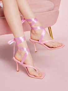 CUCCOO DOLLMOD Women's Pink PU Color Ribbon Tie Decor Square Toe Elegant High Heel Sandals - Pink - View 4