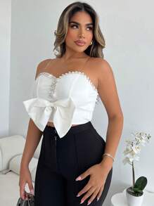 SHEIN Unity Canottiera sexy con decorazione a fiocco 3D e strass per donne