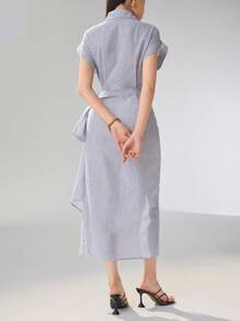 Heiryn Women Striped Print Twist Front Button Down Dress With Short Sleeves