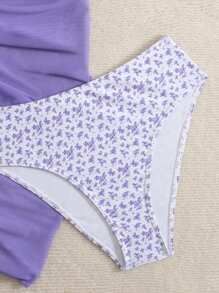 SHEIN Leap Crew 少女 3 件套度假紫色和白色碎花泳衣套装：泳衣、系腰比基尼上衣和裙子 - 紫色 - 查看 4