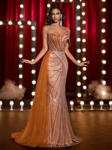 Glamrae Váy đuôi cá lưới thiết kế cổ đính ngọc trai và sequin sang trọng thanh lịch với bèo nhún xếp tầng bên hông, thích hợp cho tiệc cưới, tiệc tùng, vũ hội, tiệc trang trọng (kiểu dáng nặng nề) - trái cam - Xem 8