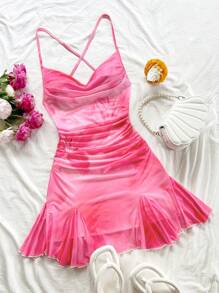 Soleia Damska sukienka mini na wakacje z kwiatowym nadrukiem i ramiączkami spaghetti, drapowany dekolt, odkryte plecy, wiązana kokarda, rybi ogon, romantyczny styl, sukienka mini, wypoczynek, zakupy, romantyczna randka, strój plażowy, siateczka, młoda dama - Wielokolorowe - Zobacz 3