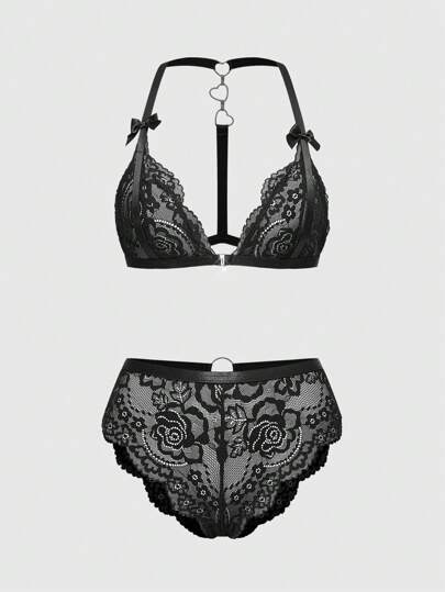 Goth مجموعة ملابس داخلية جريئة مكونة من قطعتين التي تتميز بتريم الدانتيل والشكل القلب والرسوم المثلثة