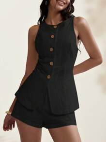 Easelle بلوزة بدون أكمام بياقة طاقم وشورت قطعتين بدلة للنساء في فصل الخريف/الشتاء، مصنوعة من نسيج مُنسوج باللون الأسود