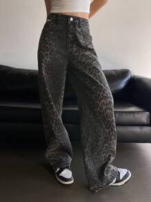 Dazy Tall Pantalones vaqueros holgados de estilo casual y urbano con estampado de leopardo para mujeres altas
