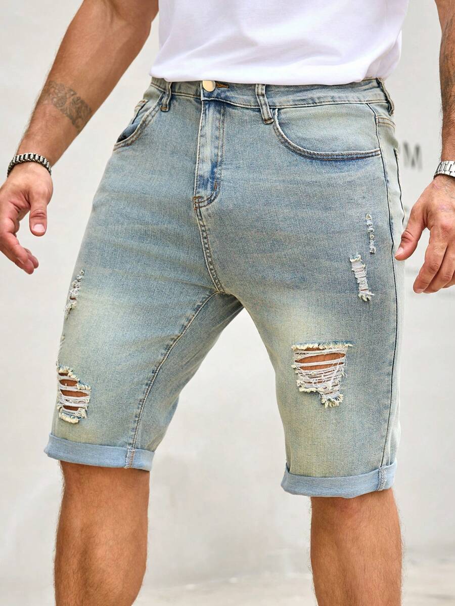 Manfinity Homme 男式纯色做旧口袋紧身休闲牛仔短裤 - 藍色 - 查看 1