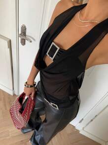 SHEIN EZwear Vintage Mesh Patchwork See-Through Metal Buckle Draped Black Summer Halter Beach Top, Club Y2k Sexy Tank Top, Going Out - Black - View 4