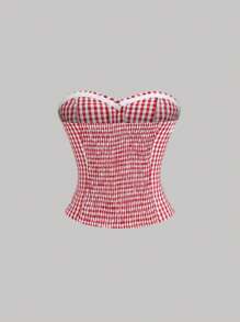 Sweetra Set de 2 piezas: Top bandeau con estampado de cuadros y encaje, y falda de talle alto - Rojo - Ver 7