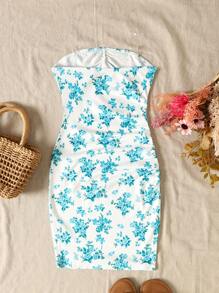 Tween Girls' Vacation Print Side Ruched Fitted Waist Bandeau Mini Dress, Fashionable For Party, Afternoon Tea In Spring/Summer