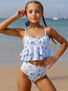Tween Girls Shell Print Bikini Swimsuit For Beach Holiday - Blue and White - View 8
