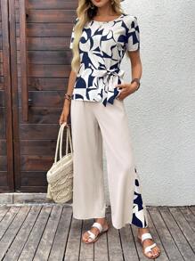SHEIN LUNE 女士两件套夏季服装 女士优雅上衣 女士乡村音乐会服装 工作服 女士办公室服装 女士休闲套装 度假两件套 2 件夏季服装 女士教师服装 宽松裤 - 彩色 - 查看 6