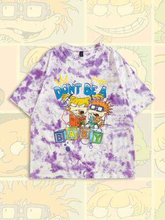 Nick 90's X ROMWE Camiseta de manga corta con cuello redondo, estampado de tie-dye y dibujos animados para hombre, de verano