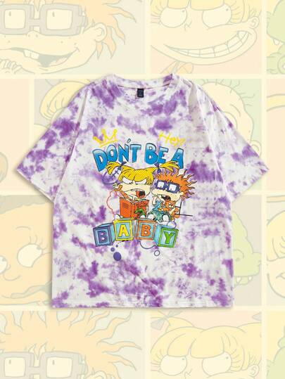 Nick 90's X ROMWE Men's Tie-Dye & Cartoon Pattern Round Neck Short Sleeve T-Shirt, Summer
