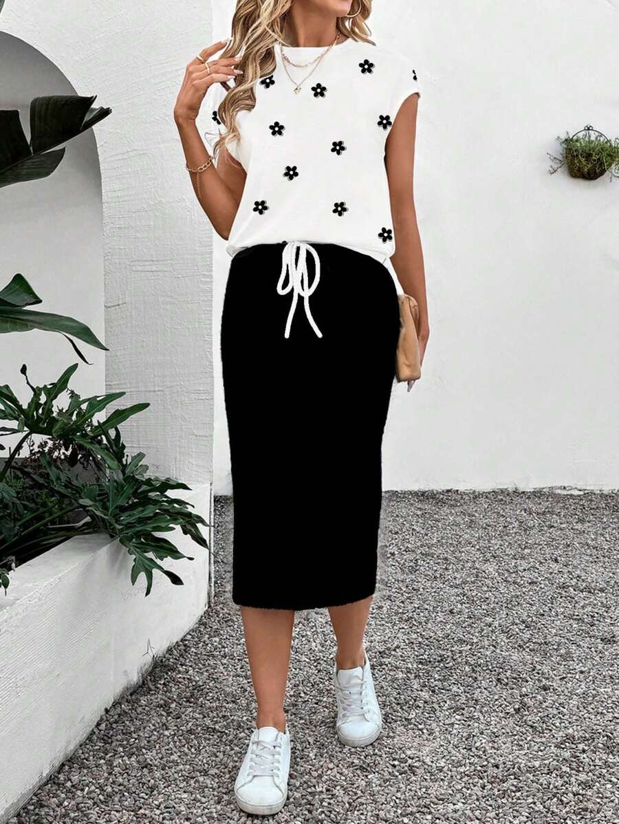 SHEIN LUNE 2件套女士纹理A字中长裙套装，夏季