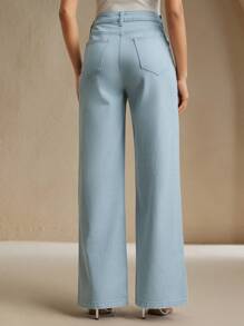 Anewsta Rhinestone-Embellished Straight-Leg Pink Jeans For Women - Blue - View 3