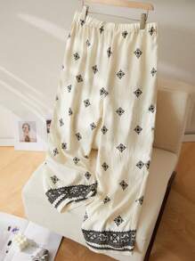 SHEIN Privé Plus Size Beige Summer Boho Vacation Holiday Elegant Paisley Black & White Print Low Waist Comfortable Versatile Long Pants For Work Commute & Party - Black and White - View 3