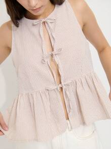 Nöista Blue And White Stripe Summer Elegant Unique Vacation Light Beige Sleeveless Blouse,Checkered Texture Three Front Tie Closures Cotton Loose Flared Hem - Brown - View 1