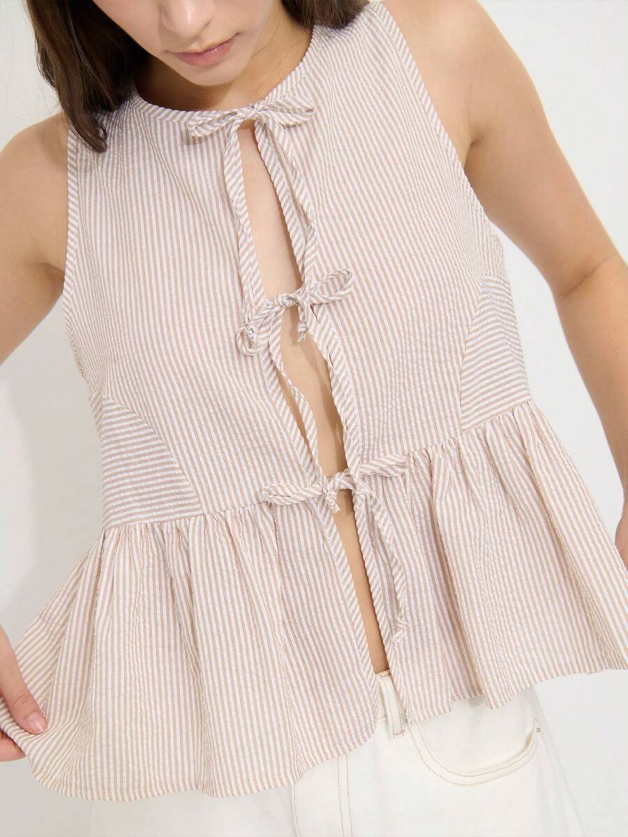 Nöista Blue And White Stripe Summer Elegant Unique Vacation Light Beige Sleeveless Blouse,Checkered Texture Three Front Tie Closures Cotton Loose Flared Hem - Brown - View 1