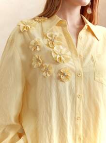 Zanirela 女士粘胶纤维面料3D立体花卉水钻装饰优雅浪漫通勤纽扣衬衫，适合办公室穿着，四季皆宜，奶油黄色衬衫，女士上衣，商务休闲女装，教师女装，外出女装，宽松女式衬衫，趣味衬衫，秋季女装 - 黃色 - 查看 3