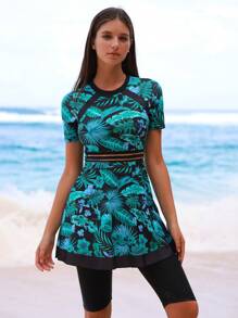 Swim Shayni 2 pezzi/Set Nuovo Abito bohémien da spiaggia senza maniche con motivo floreale tropicale e set di costumi da bagno burkini neri per donne, adatti per la primavera/estate