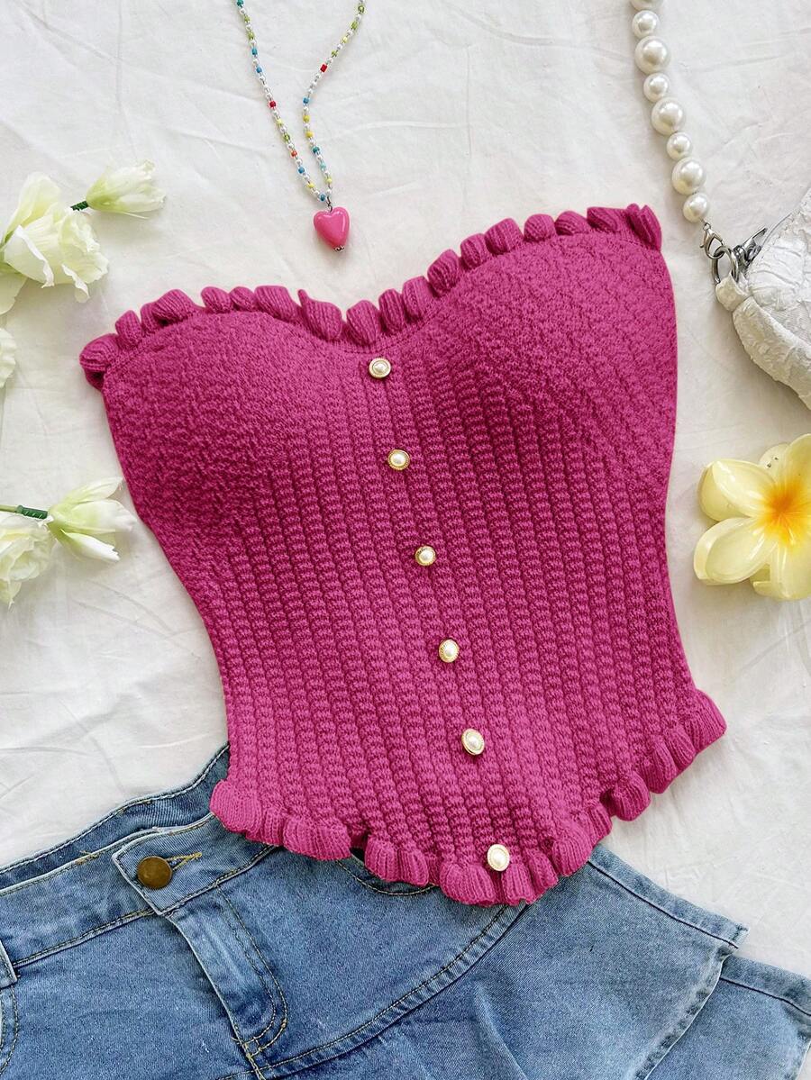 Soleia Top tubo de punto con volantes en el bajo de color liso y casual - Rosa Fucsia - Ver 1